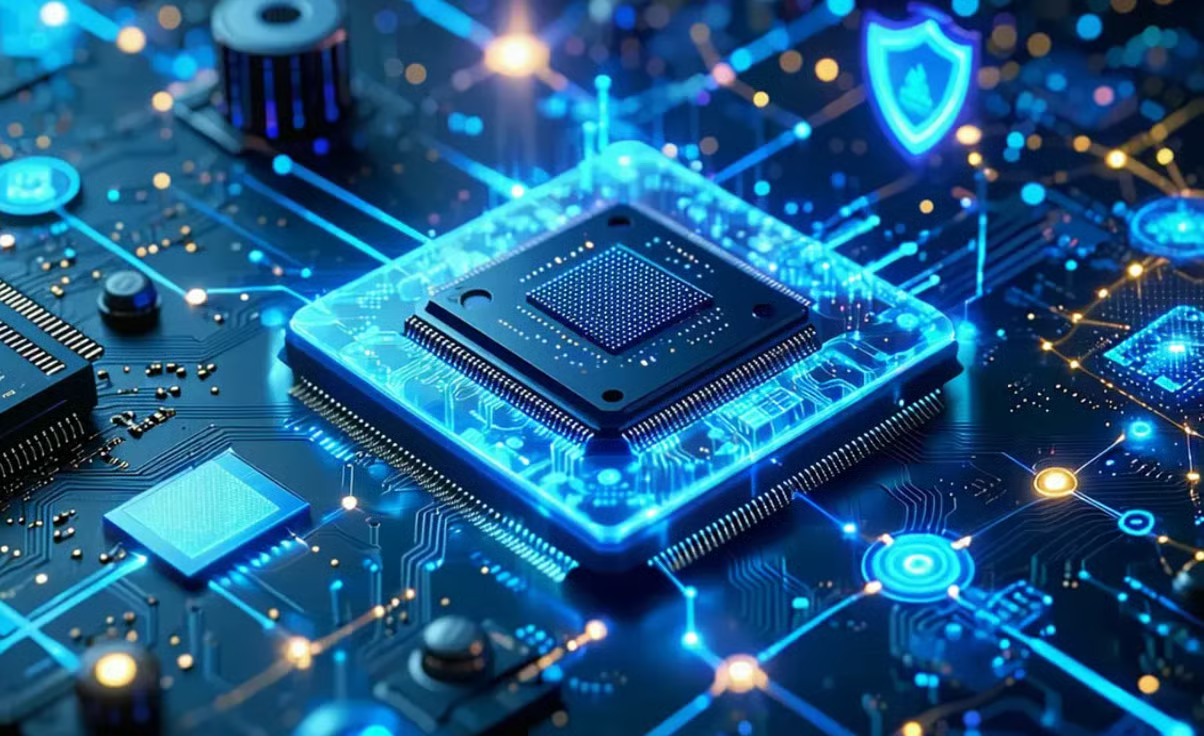 Glowing FPGA chip on a circuit board