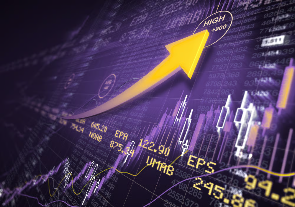 Golden arrow rising over a stock chart
